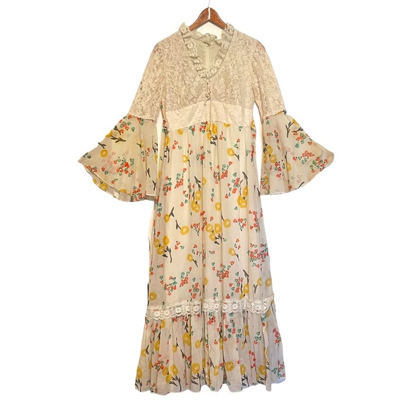 Vintage 70's Empire Waist Bell Sleeve Hippie Boho Lace Floral Prairie Maxi Dress - Picture 1 of 13